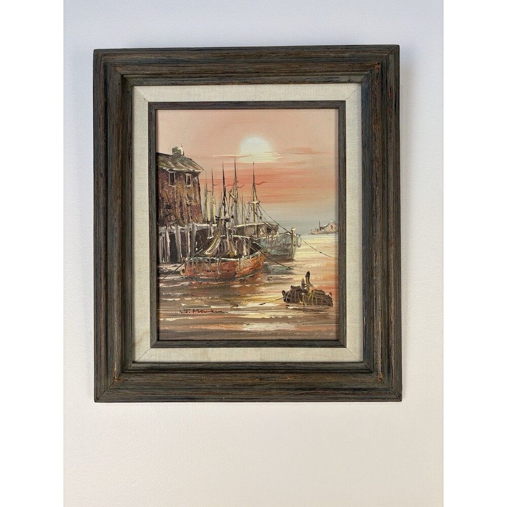 Signed Original Oil Painting Impressionist Seascape Boats Vintage Matted Framed